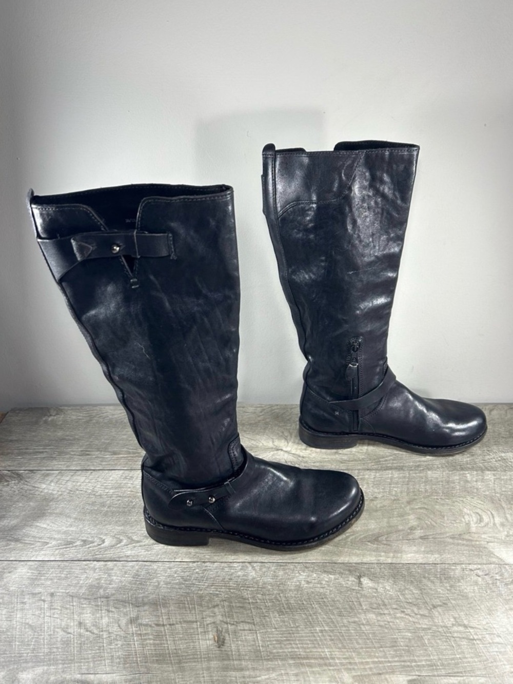 Rag & Bone Moto Riding Womens Black Leather Tall Pull On Buckle Boots Size 8